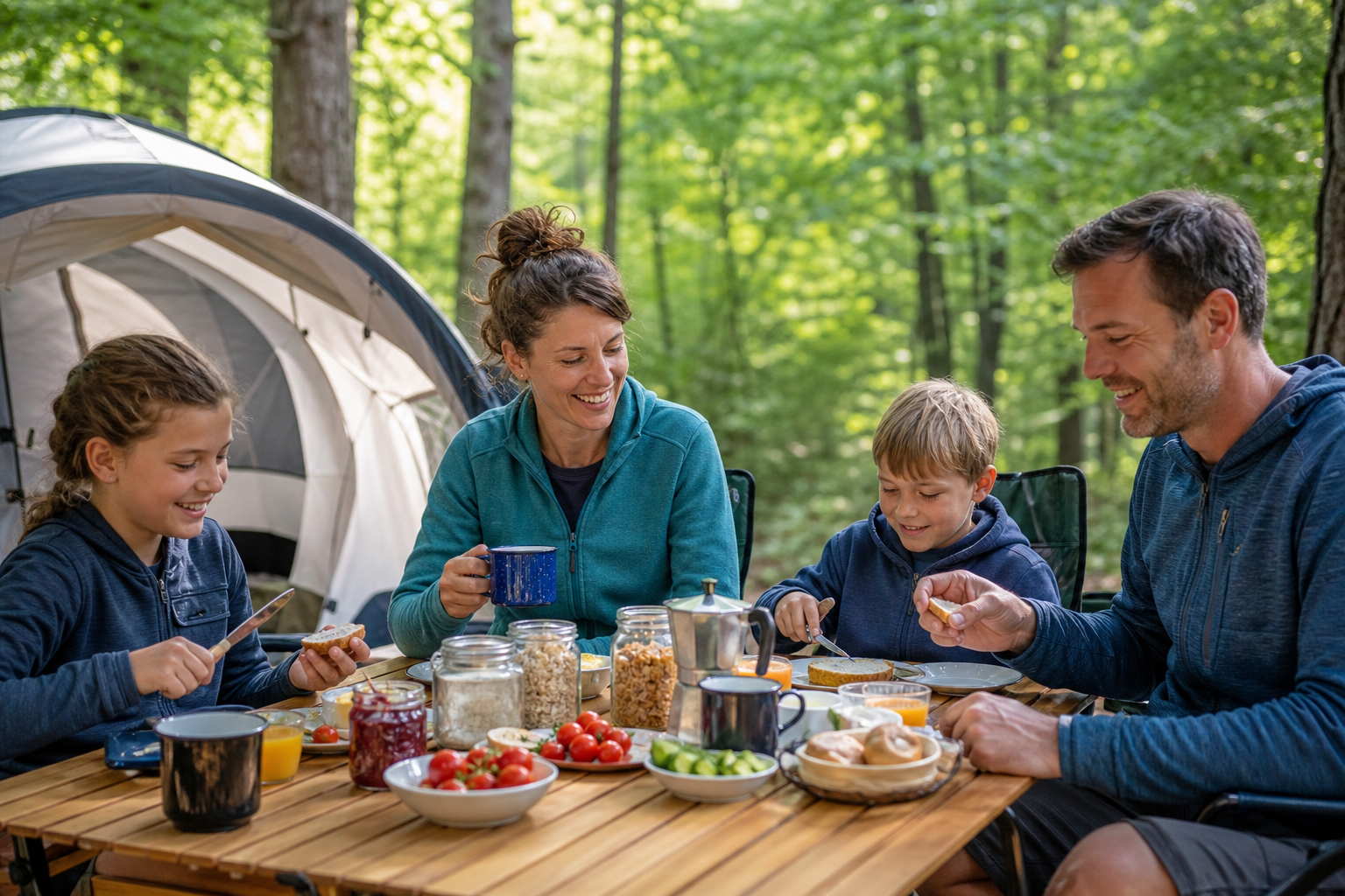 Familienfrühstück auf einem Waldcampingplatz