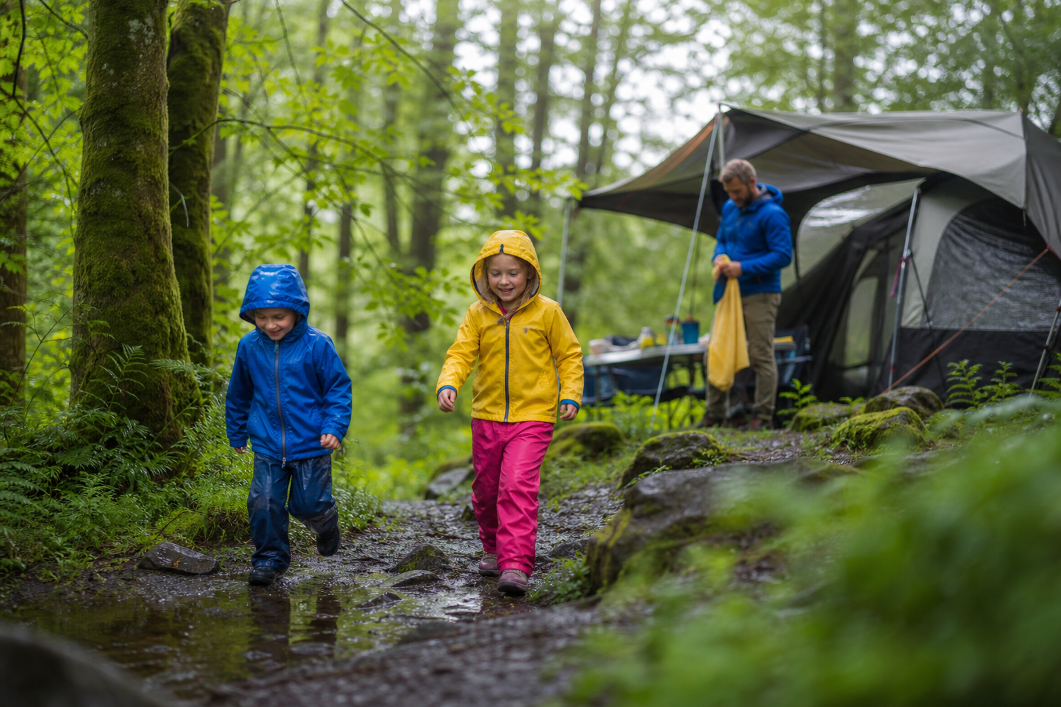 Kinder entdecken nach einem Sommerregen den Wald