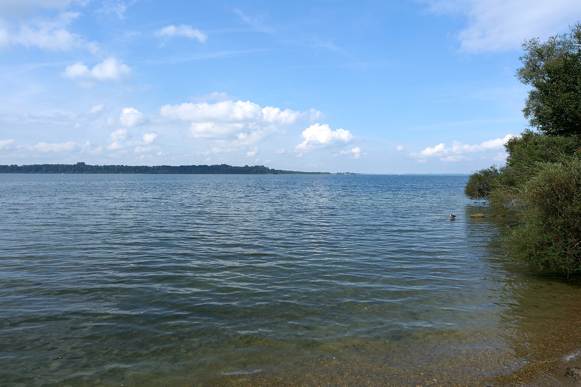 Chiemsee in Bernau am Chiemsee, photographed from the Chiemsee rest area on the A8 motorway, Germany