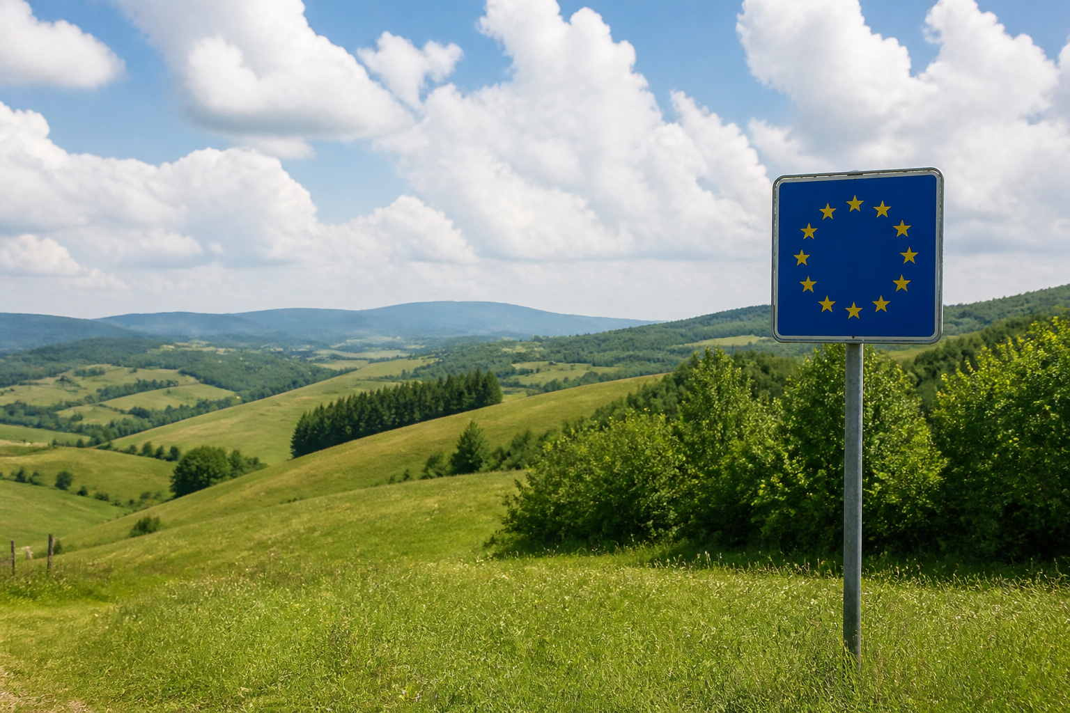 Freundliche europäische Grenzlandschaft mit EU-Symbol