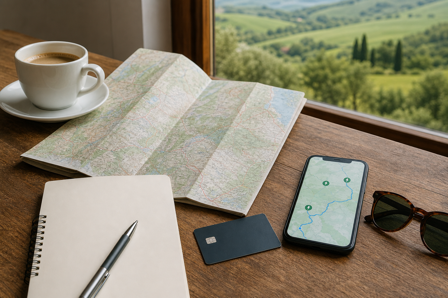 Routenplanung mit Karte, Smartphone und Ladekarte