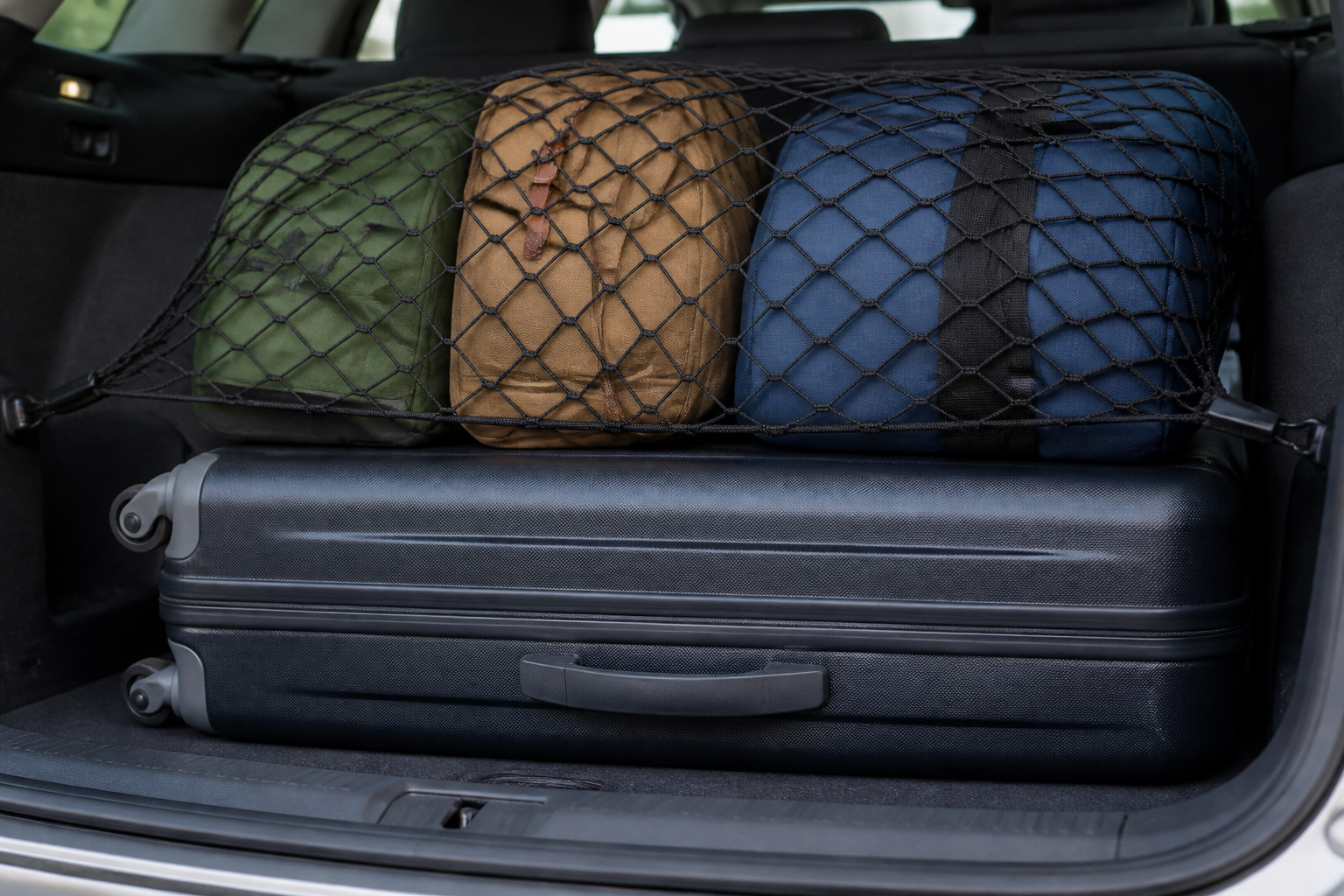 Schwerer Koffer und Reisetaschen mit einem Gepäcknetz gesichert