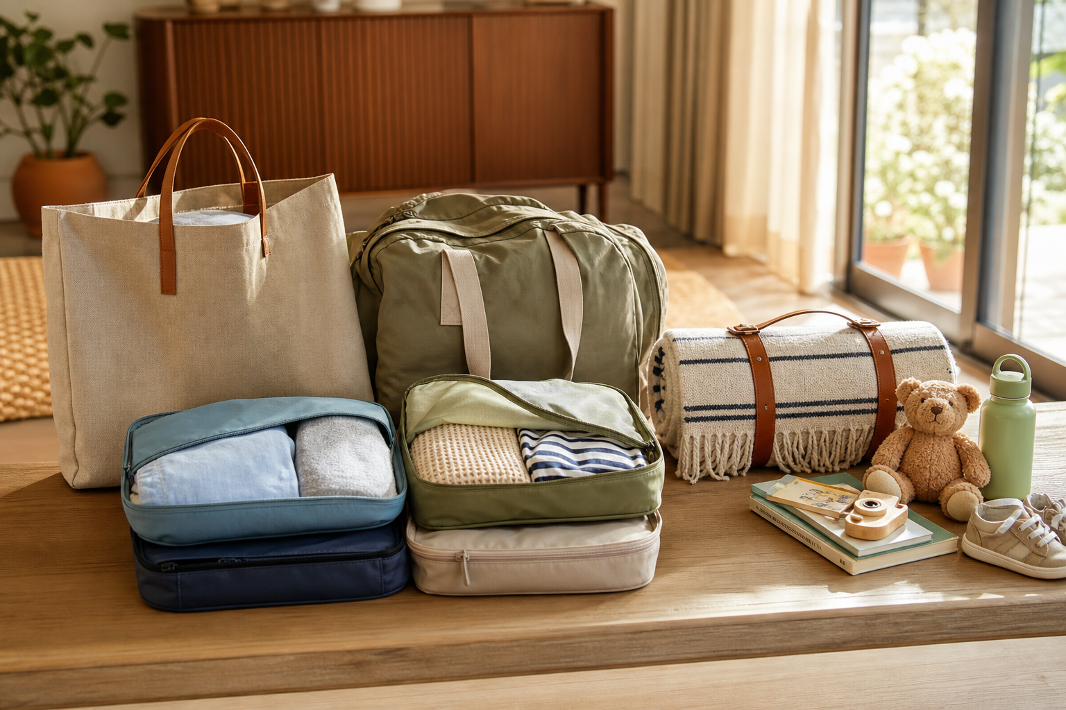 Familiengepäck mit Packtaschen, Decke und Reiseutensilien