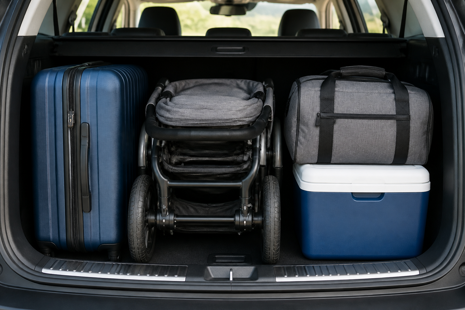 Koffer, zusammengeklappter Kinderwagen und Kühltasche kompakt verstaut