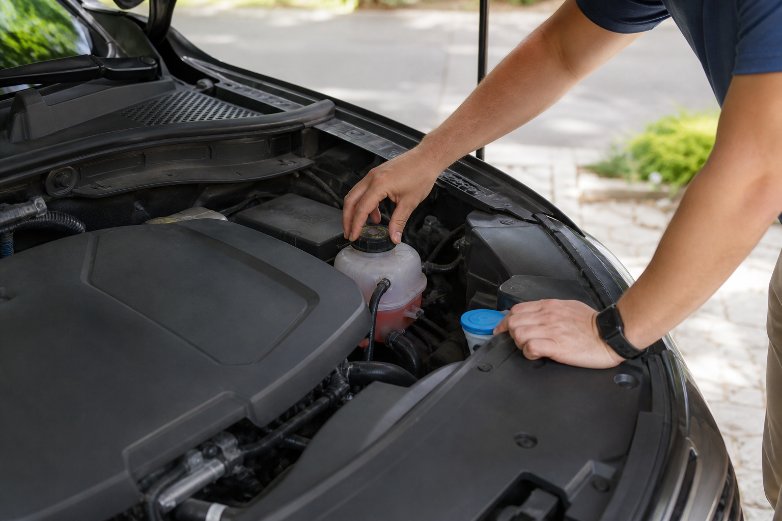 Flüssigkeitsstände werden bei kaltem Motor im Motorraum geprüft