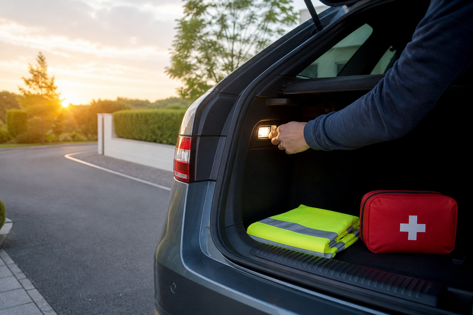 Warnweste, Verbandtasche und Fahrzeugbeleuchtung werden vor der Reise geprüft