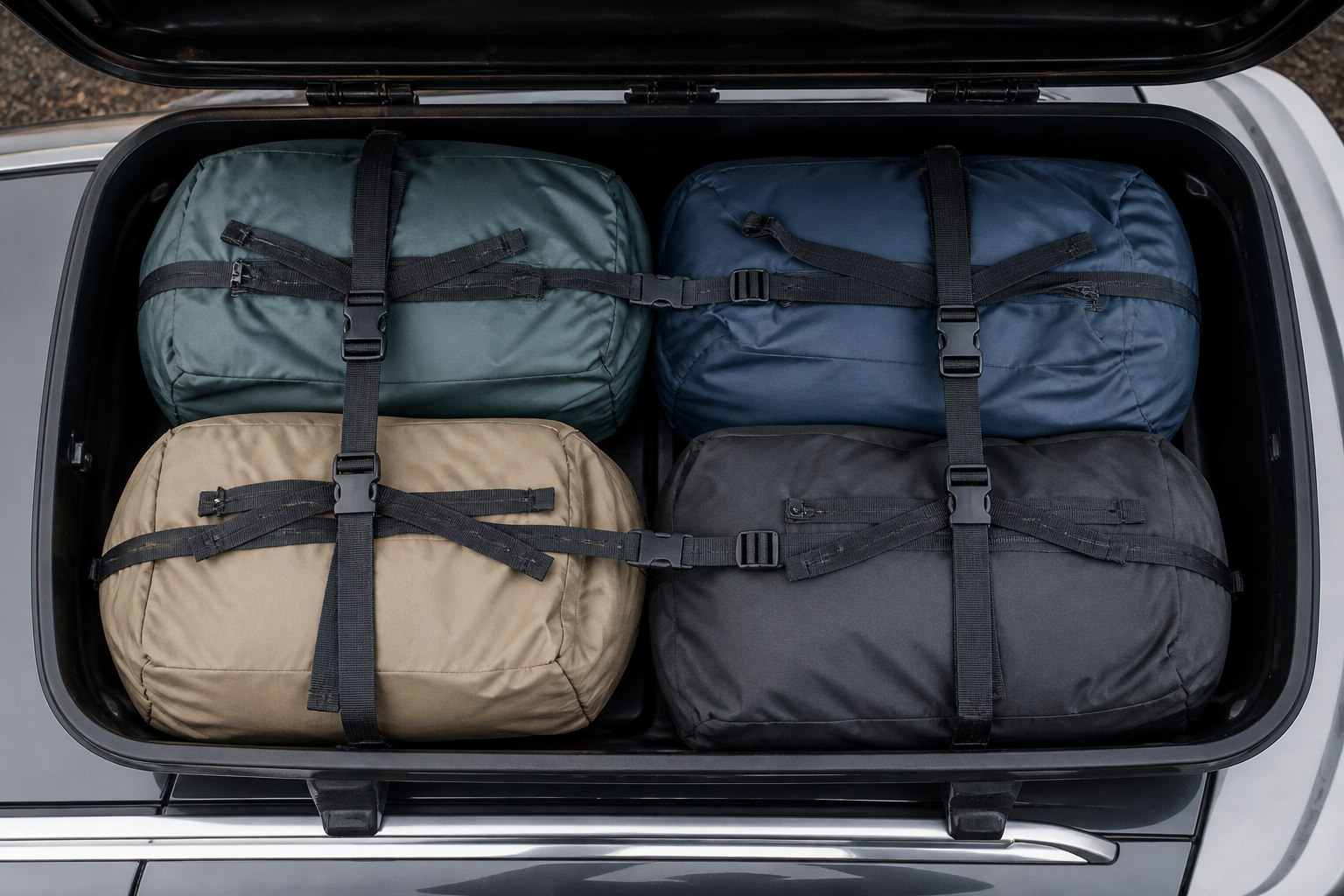 Leichte Packtaschen sind gleichmäßig verteilt und mit Gurten gesichert