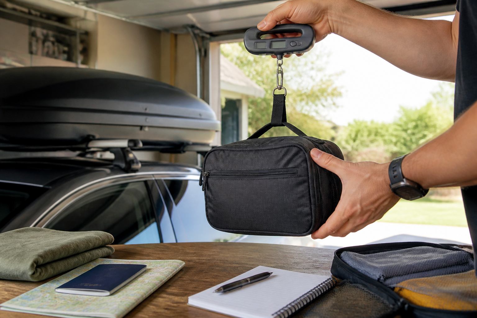 Eine leichte Reisetasche wird vor dem Beladen gewogen