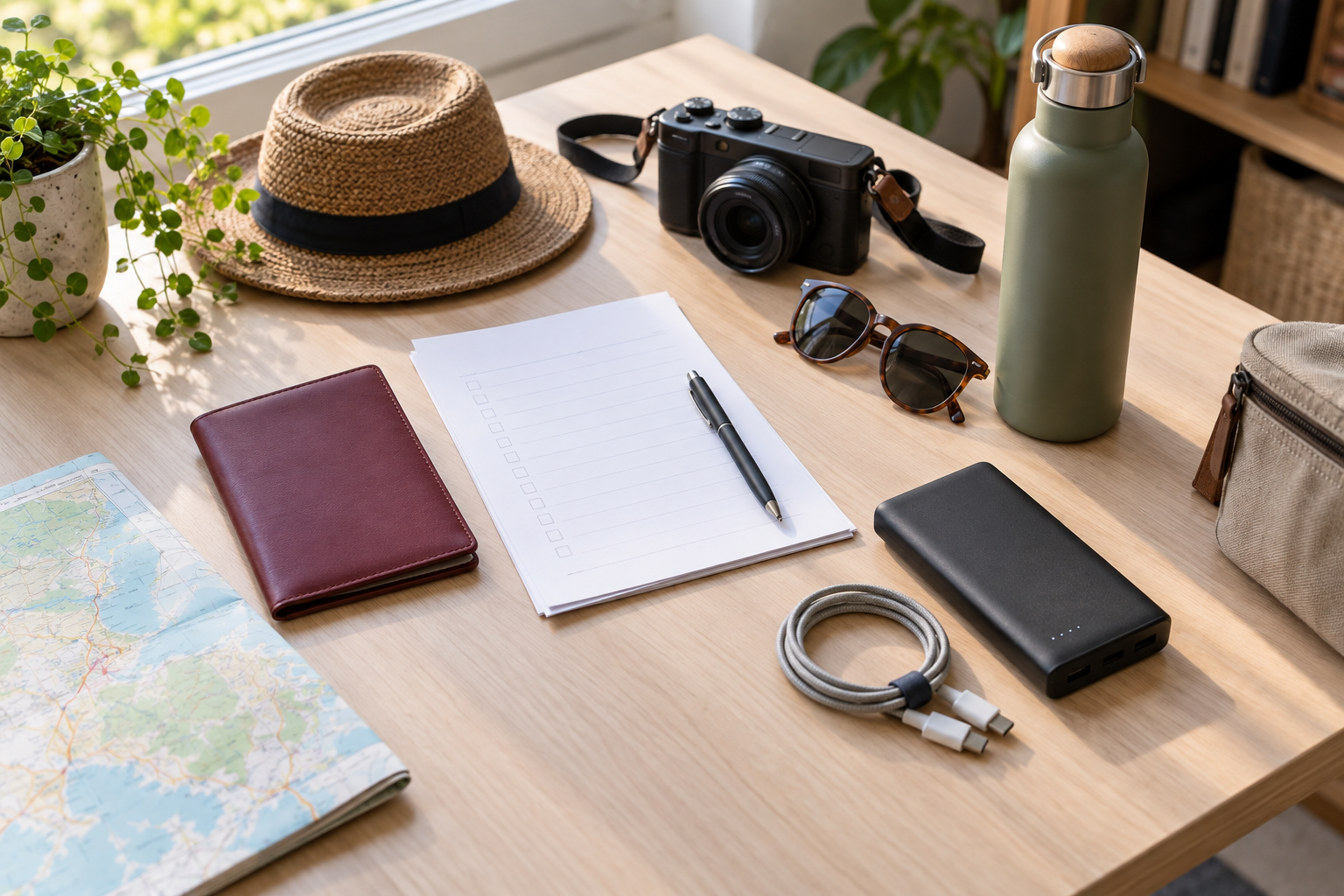 Reisedokumente, Ladezubehör, Trinkflasche und Kamera geordnet auf einem Tisch