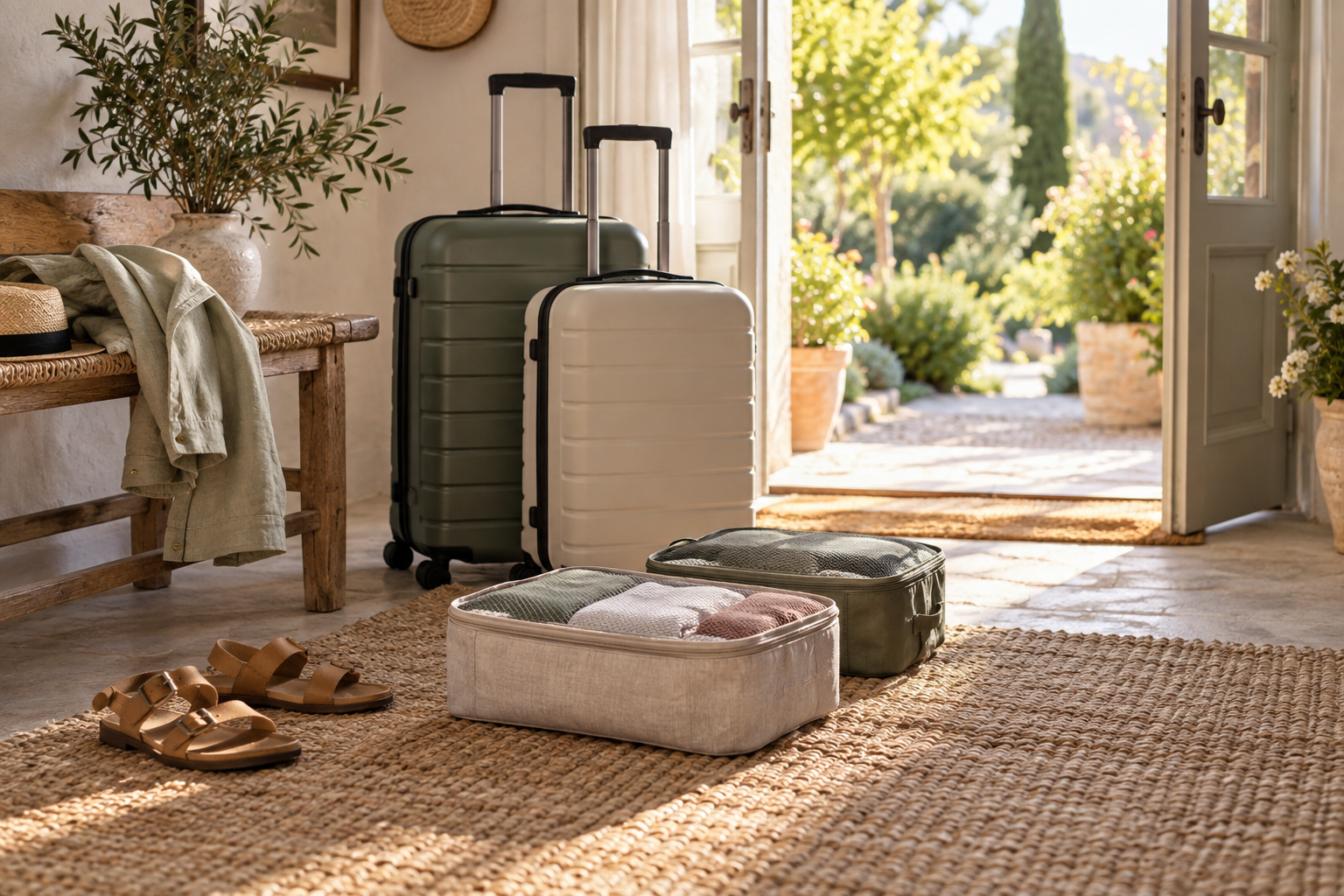 Kompakte Koffer und Packwürfel stehen bereit für die Urlaubsabreise