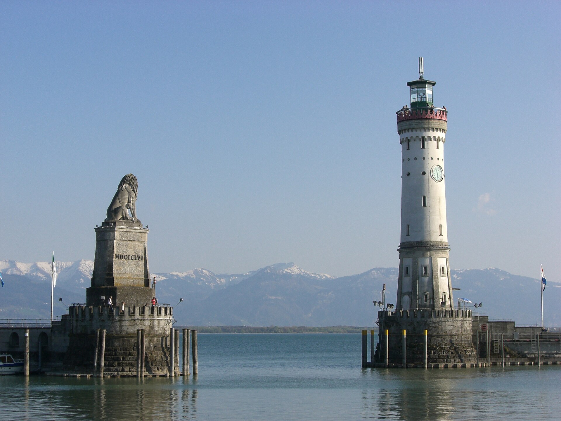 Harbor entrance with Bavarian Lion and Lighthouse, Lindau (Lake Constance, Bavaria, Germany)