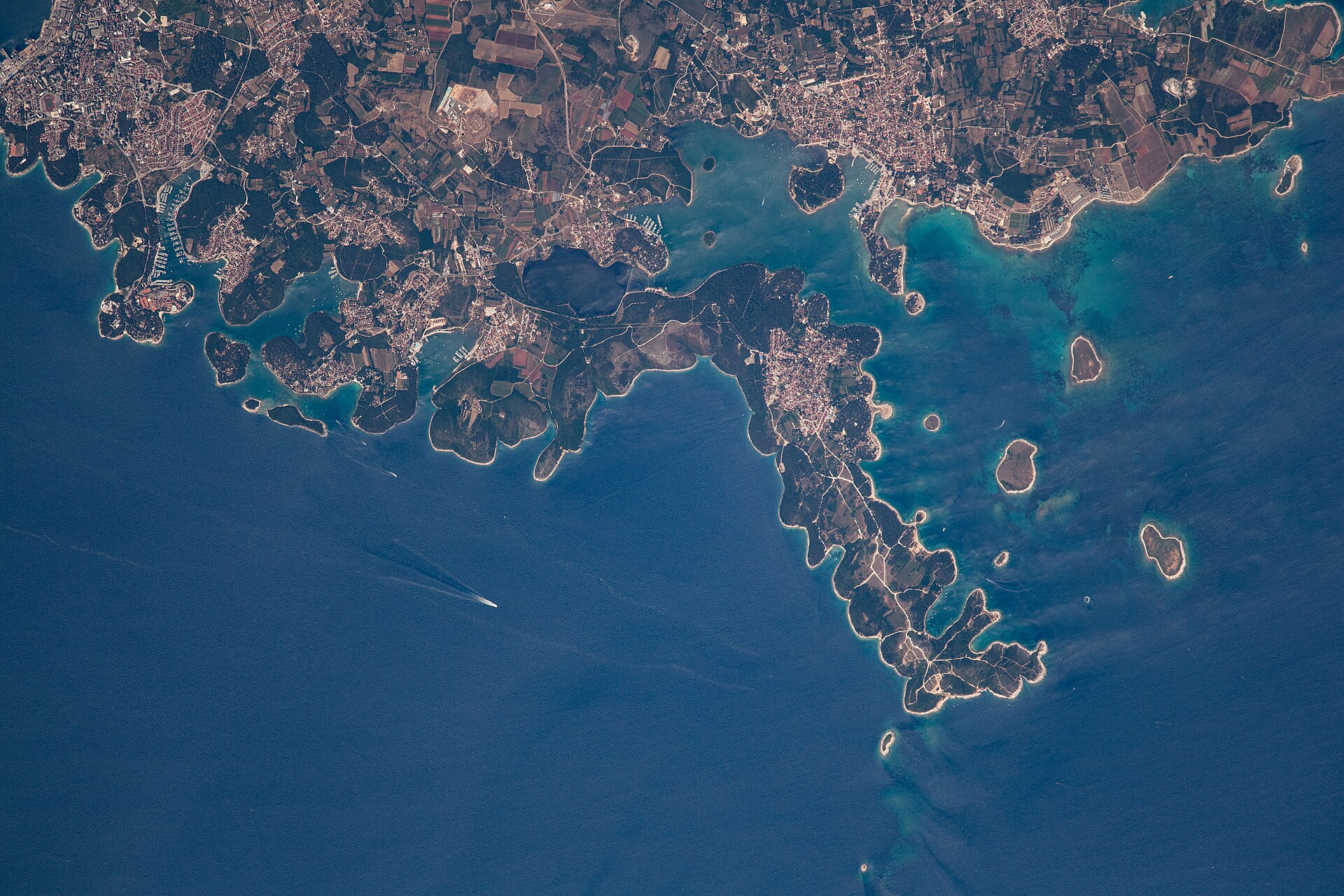 View of Croatia taken during ISS Expedition 65. Premantura, Istria , islands, Medulin bay, coast next to Pula