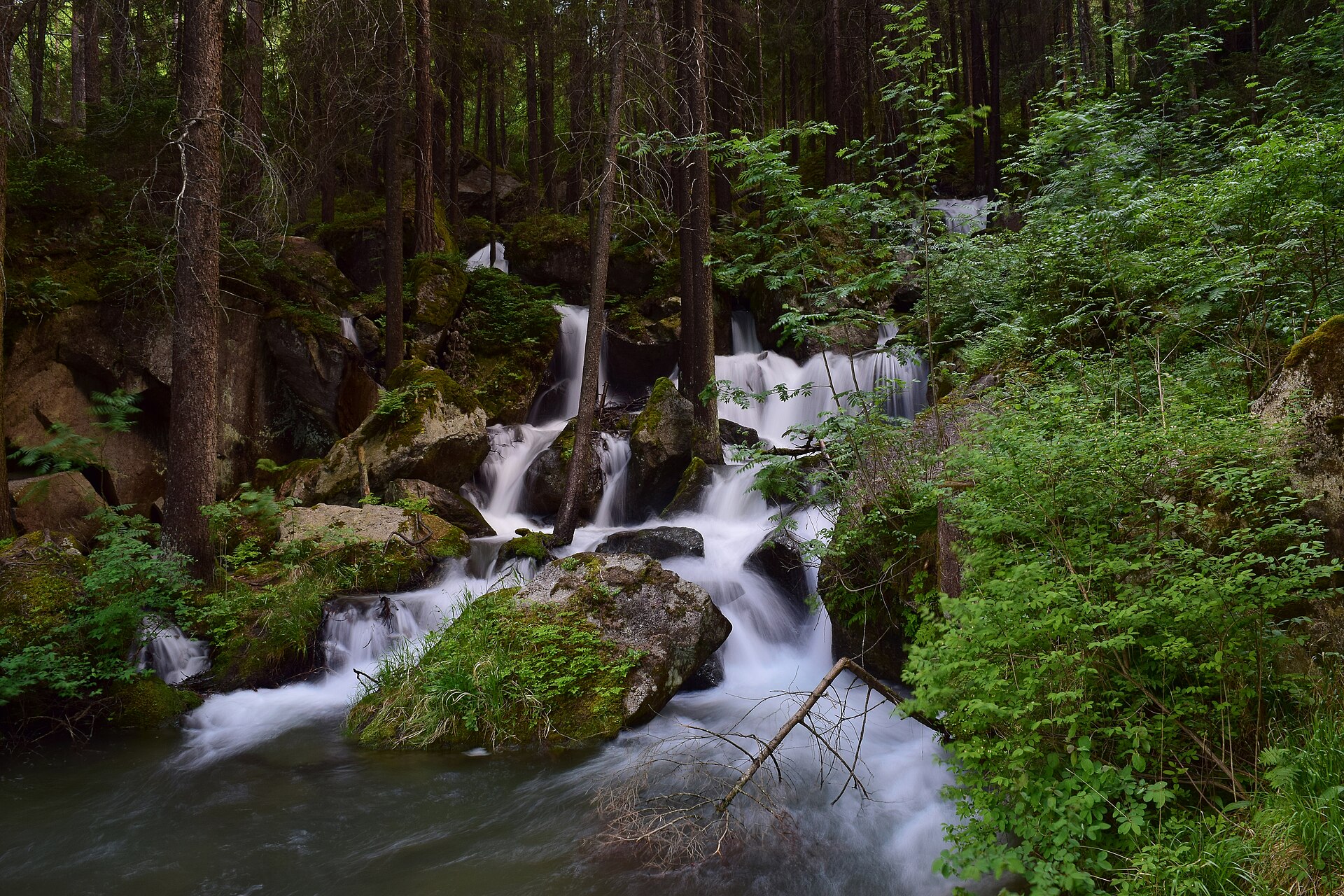 Waterfall of Habicher Sea in the protected landscape area Achstürze-Piburger Sea, part of Nature park Ötztal.