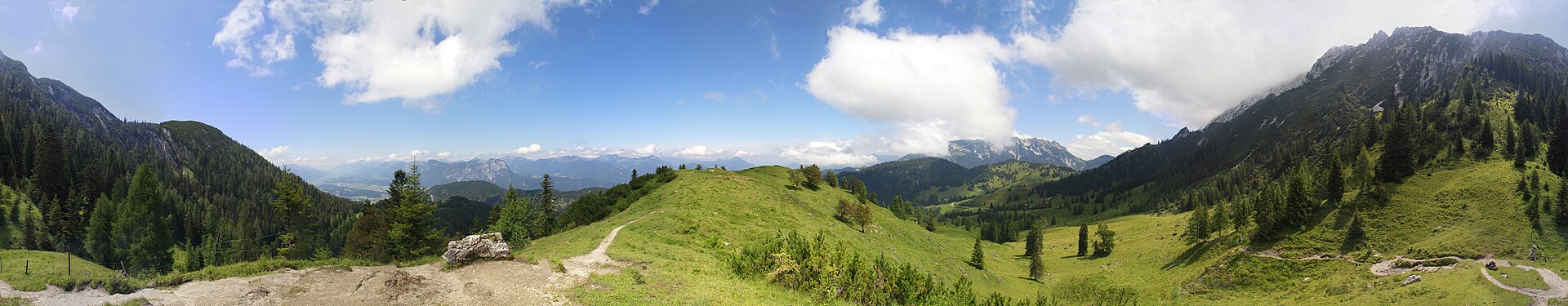 A 360 degrees panoramic view of Alps mountains, taken near Steinbergalm in Kaisergebirge/ Karwendel , Austria .